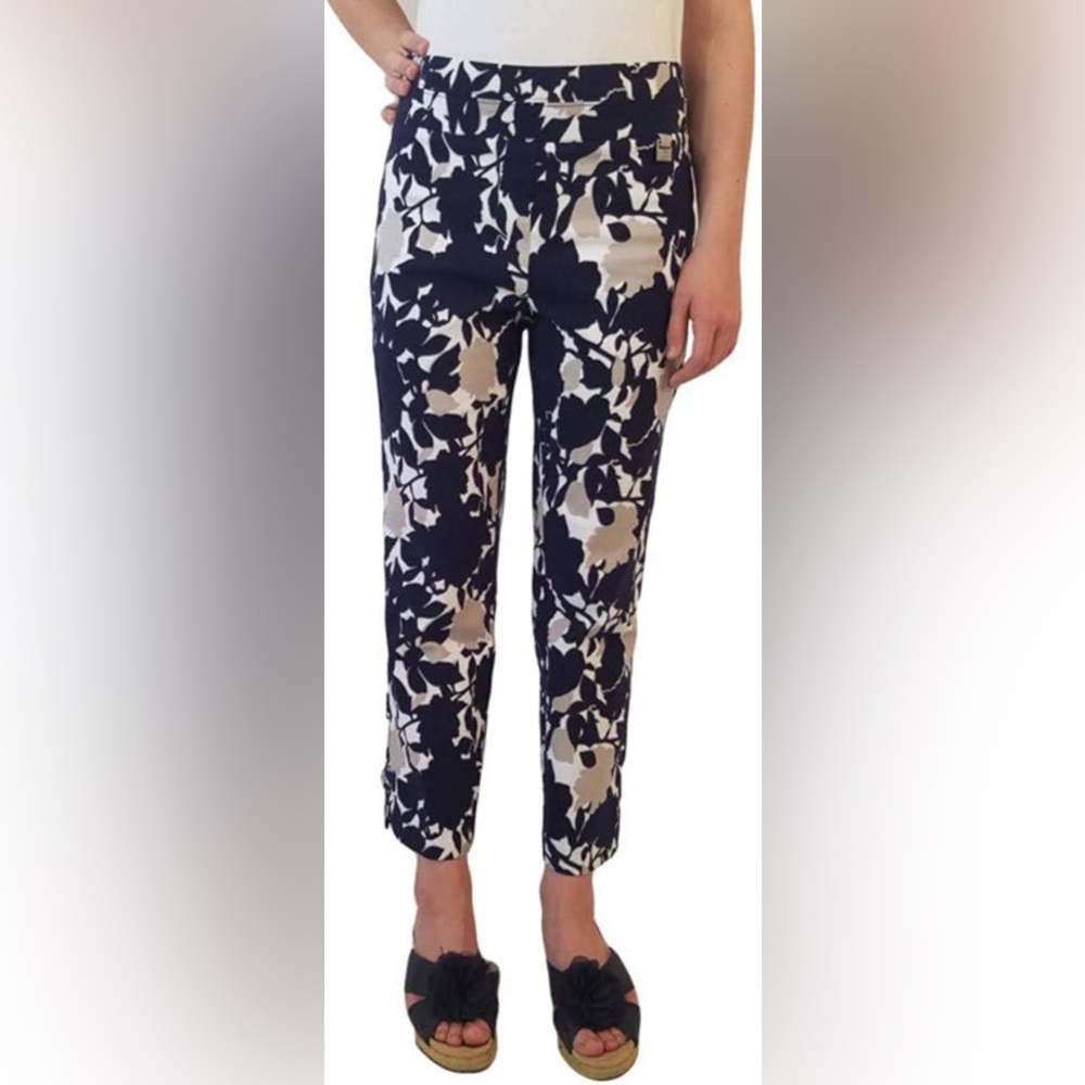(A2)‎ Rafaella Comfort Capri Pants Navy Blue Floral Pull On Stretch Cropped 10
